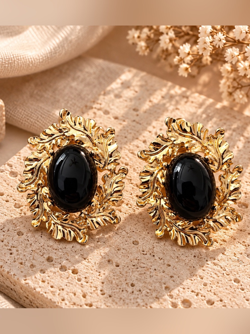 Gold Leaf Black Stone Statement Earrings